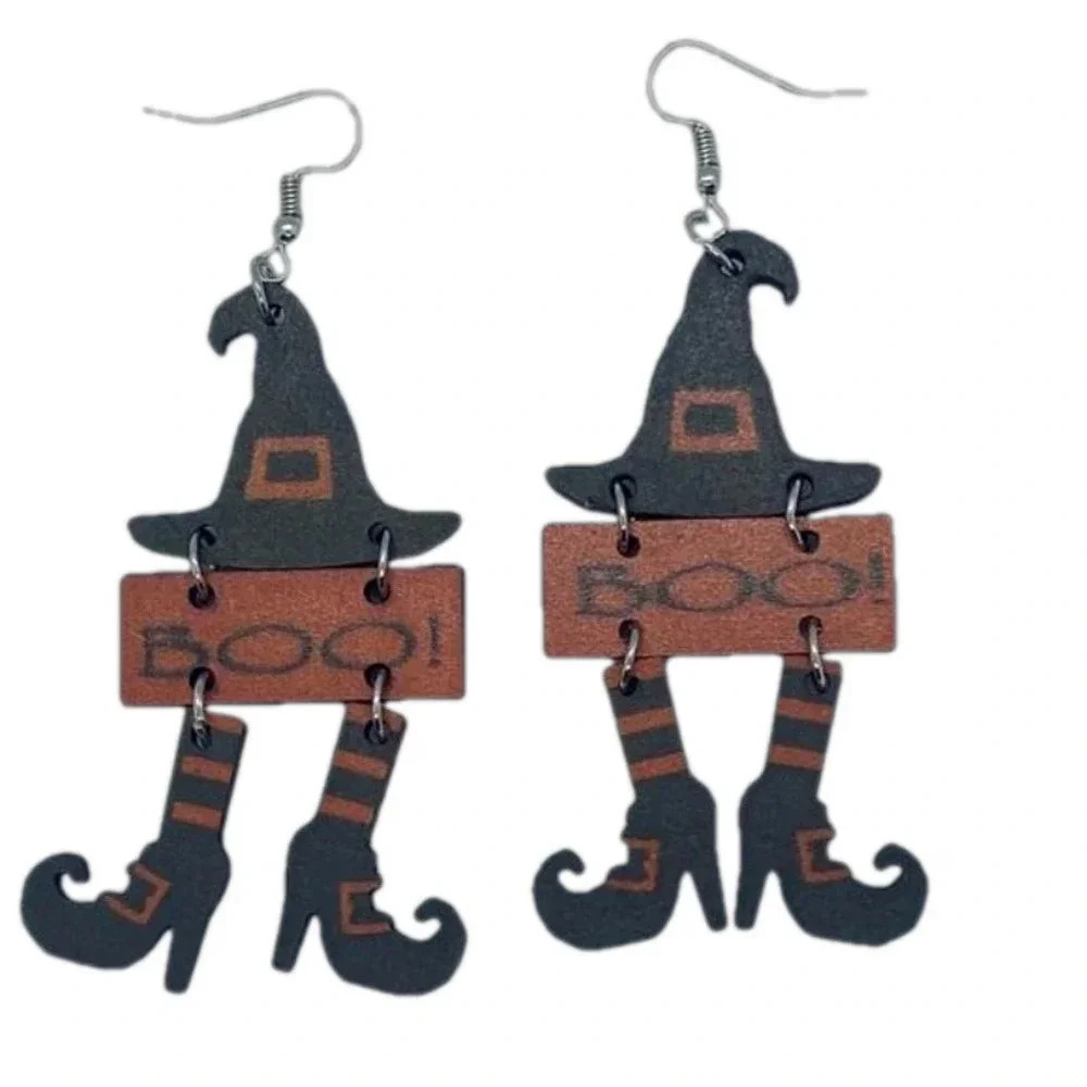 New Halloween Boo witch wooden hook dangle earrings Halloween fall boo
